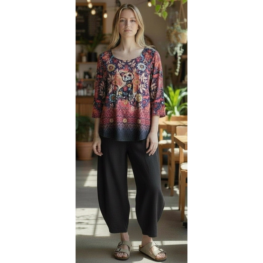 Energe Y2K Sugar Skull Cat Top‎ Shirt M Sugar Skull Festival Folk Artsy Hippie